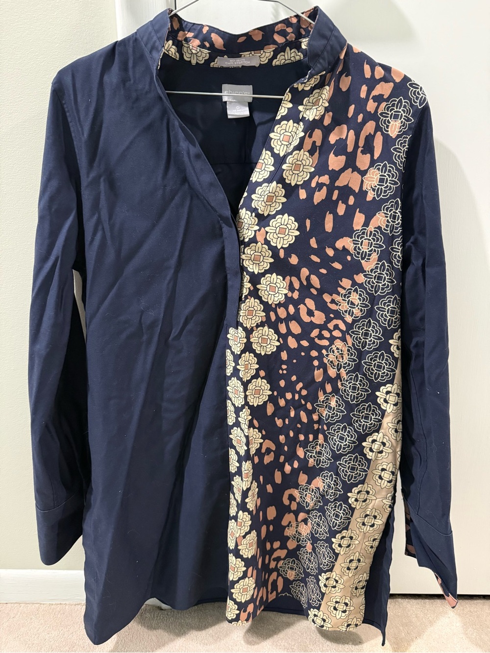Chicos Navy Floral Panel Tunic Shirt